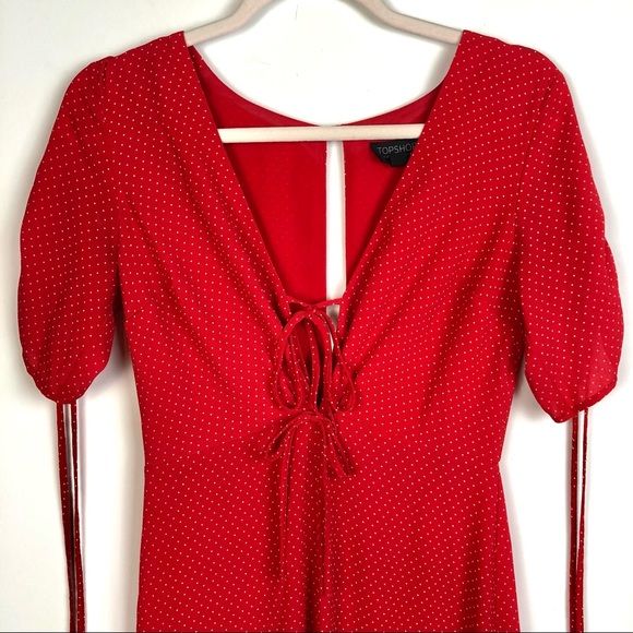 Topshop Red and White Polka Dot Short Sleeve Midi Dress Size 2 - Picture 8 of 16